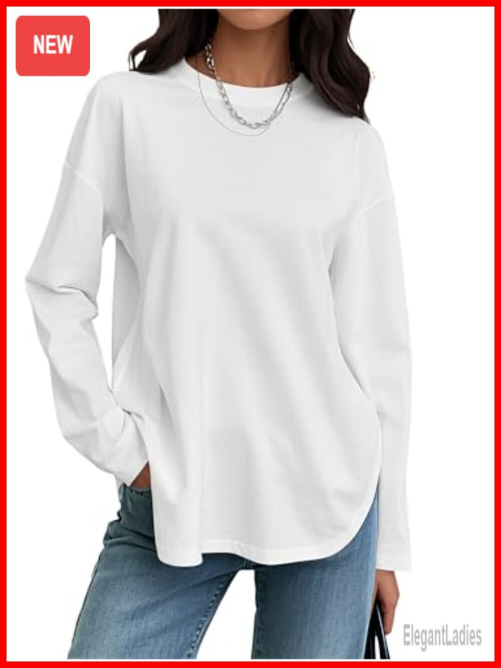 Oversized Long Sleeve T-Shirt 90% Cotton Loose Fit Crew Neck Top